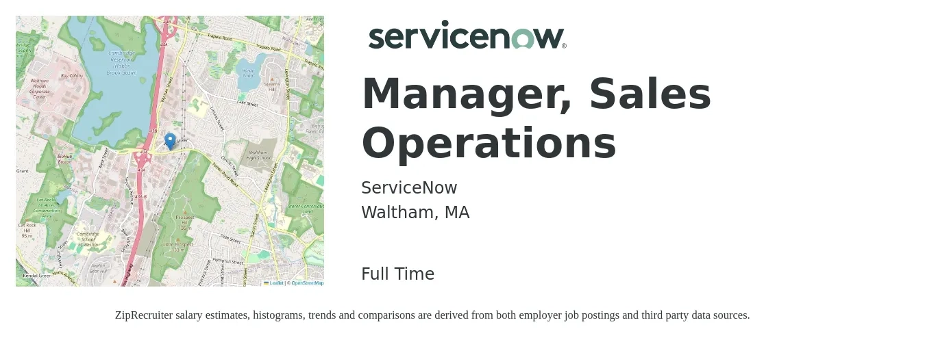 ServiceNow job posting for a Manager, Sales Operations in Waltham, MA with a salary of $85,500 to $121,000 Yearly with a map of Waltham location.