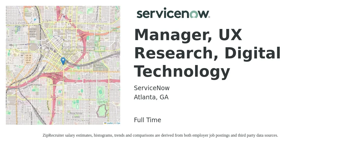 ServiceNow job posting for a Manager, UX Research, Digital Technology in Atlanta, GA with a salary of $112,000 Yearly with a map of Atlanta location.