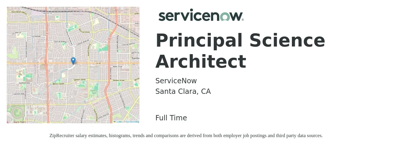 ServiceNow job posting for a Principal Science Architect in Santa Clara, CA with a salary of $171,200 to $229,700 Yearly with a map of Santa Clara location.