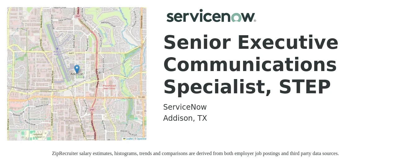 ServiceNow job posting for a Senior Executive Communications Specialist, STEP in Addison, TX with a salary of $63,400 to $95,400 Yearly with a map of Addison location.