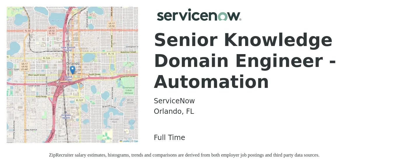 ServiceNow job posting for a Senior Knowledge Domain Engineer - Automation in Orlando, FL with a salary of $90,900 to $124,900 Yearly with a map of Orlando location.
