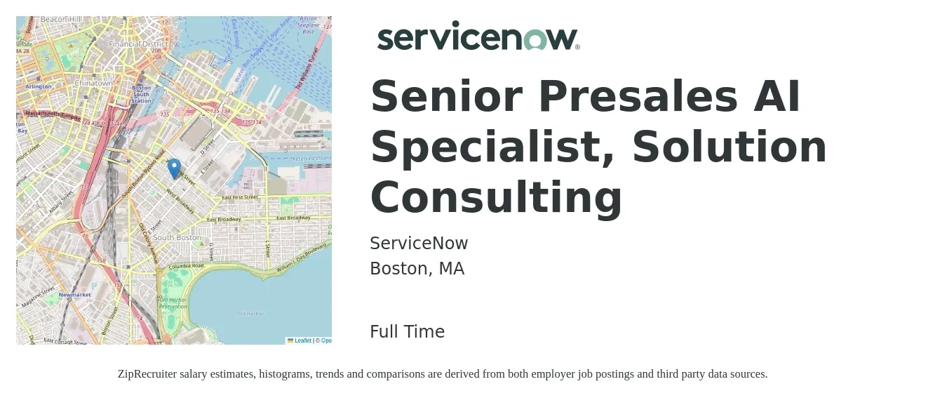 ServiceNow job posting for a Senior Presales AI Specialist, Solution Consulting in Boston, MA with a salary of $22 to $29 Hourly with a map of Boston location.