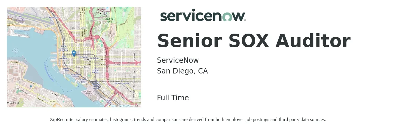 ServiceNow job posting for a Senior SOX Auditor in San Diego, CA with a salary of $89,600 to $111,300 Yearly with a map of San Diego location.