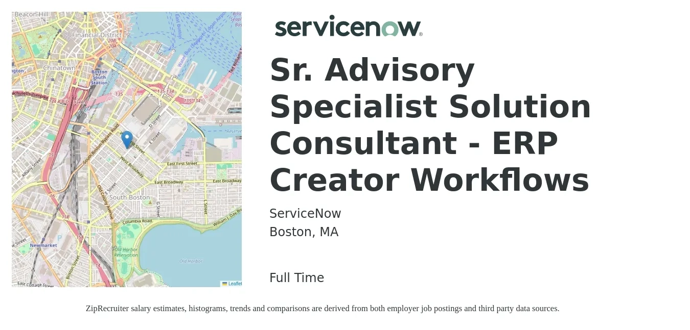 ServiceNow job posting for a Sr. Advisory Specialist Solution Consultant - ERP Creator Workflows in Boston, MA with a salary of $58 to $101 Hourly with a map of Boston location.