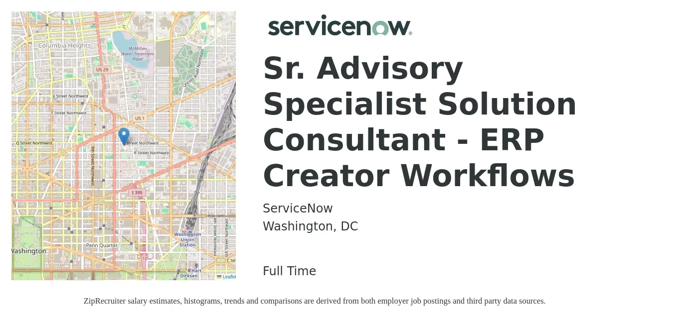 ServiceNow job posting for a Sr. Advisory Specialist Solution Consultant - ERP Creator Workflows in Washington, DC with a salary of $60 to $105 Hourly with a map of Washington location.