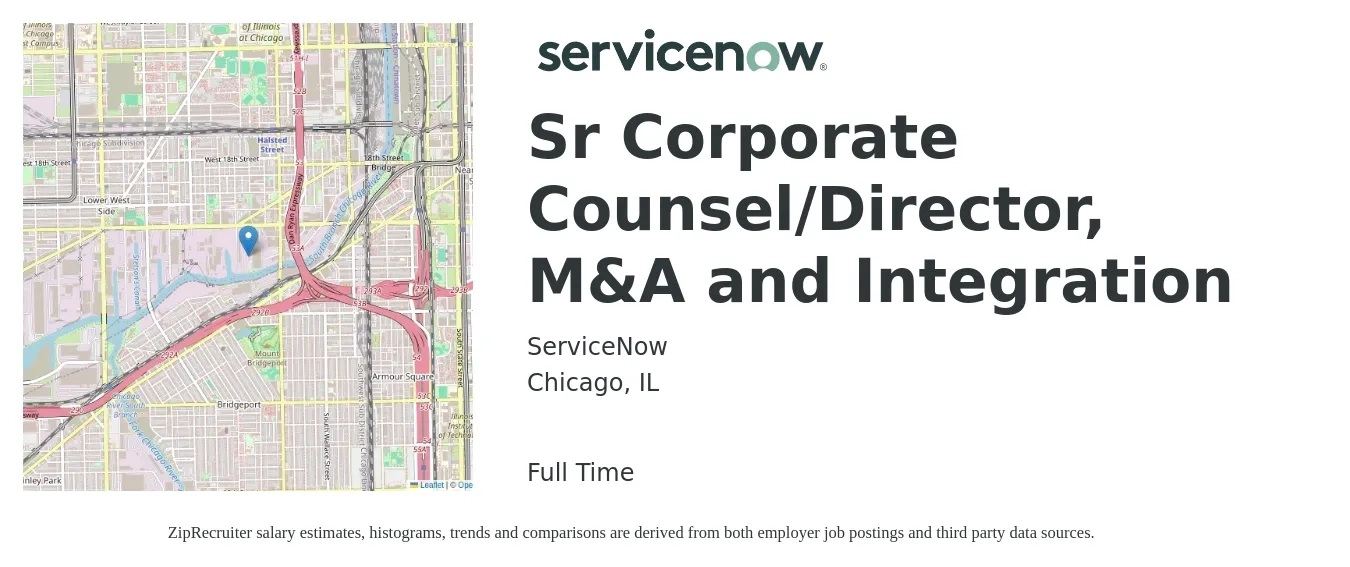 ServiceNow job posting for a Sr Corporate Counsel/Director, M&A and Integration in Chicago, IL with a salary of $133,900 to $189,000 Yearly with a map of Chicago location.