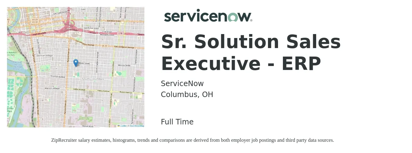 ServiceNow job posting for a Sr. Solution Sales Executive - ERP in Columbus, OH with a map of Columbus location.