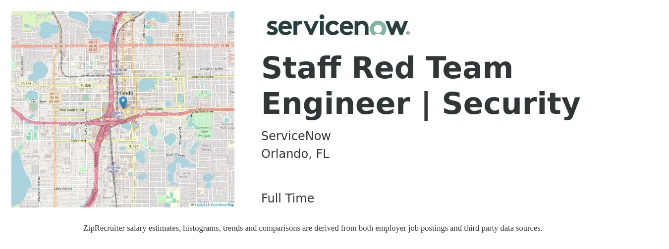 ServiceNow job posting for a Staff Red Team Engineer | Security in Orlando, FL with a salary of $60,000 to $108,800 Yearly with a map of Orlando location.