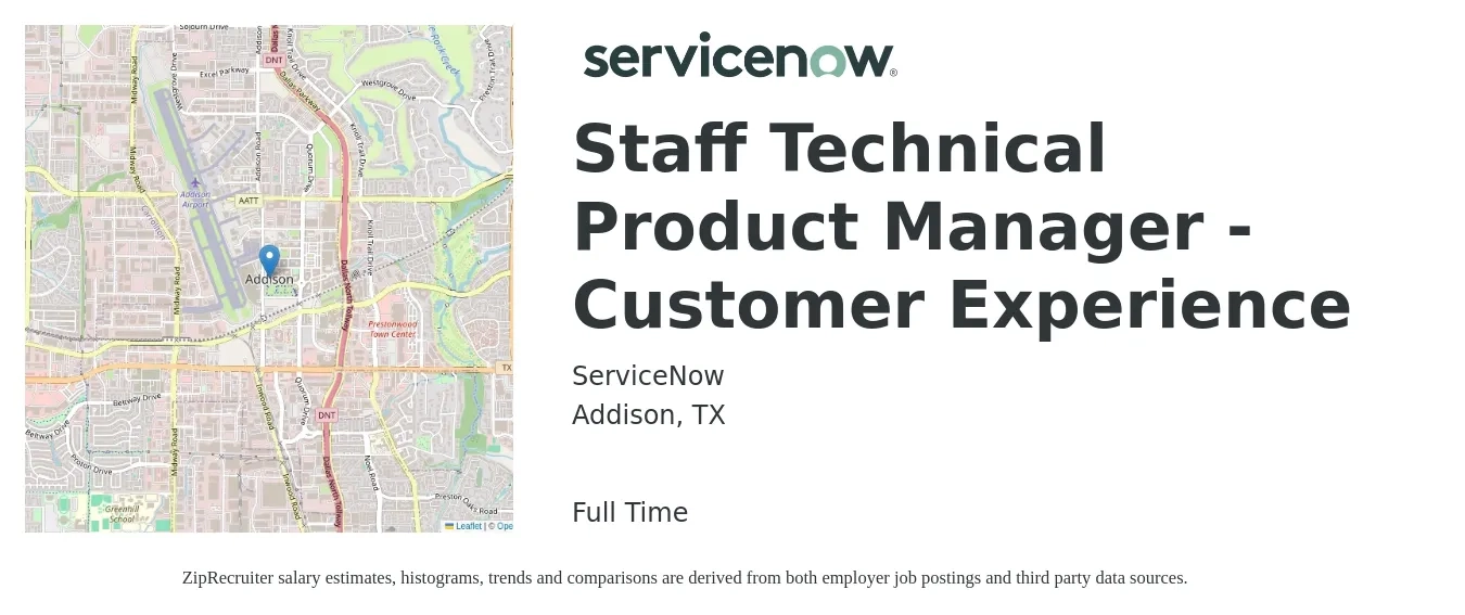 ServiceNow job posting for a Staff Technical Product Manager - Customer Experience in Addison, TX with a salary of $161,700 to $186,800 Yearly with a map of Addison location.