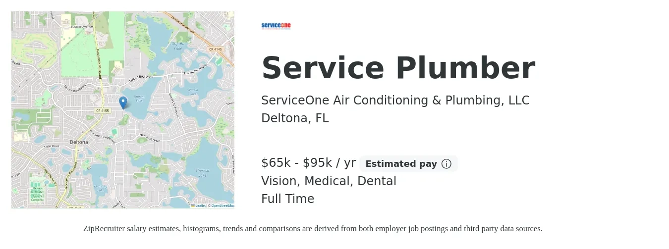 ServiceOne Air Conditioning & Plumbing, LLC job posting for a Service Plumber in Deltona, FL with a salary of $65,000 to $95,000 Yearly (plus commission) and benefits including dental, life_insurance, medical, and vision with a map of Deltona location.