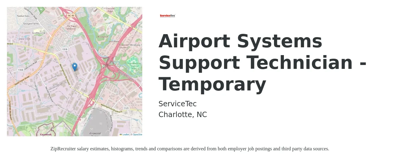 ServiceTec job posting for a Airport Systems Support Technician - Temporary in Charlotte, NC with a salary of $40,000 to $43,000 Yearly with a map of Charlotte location.