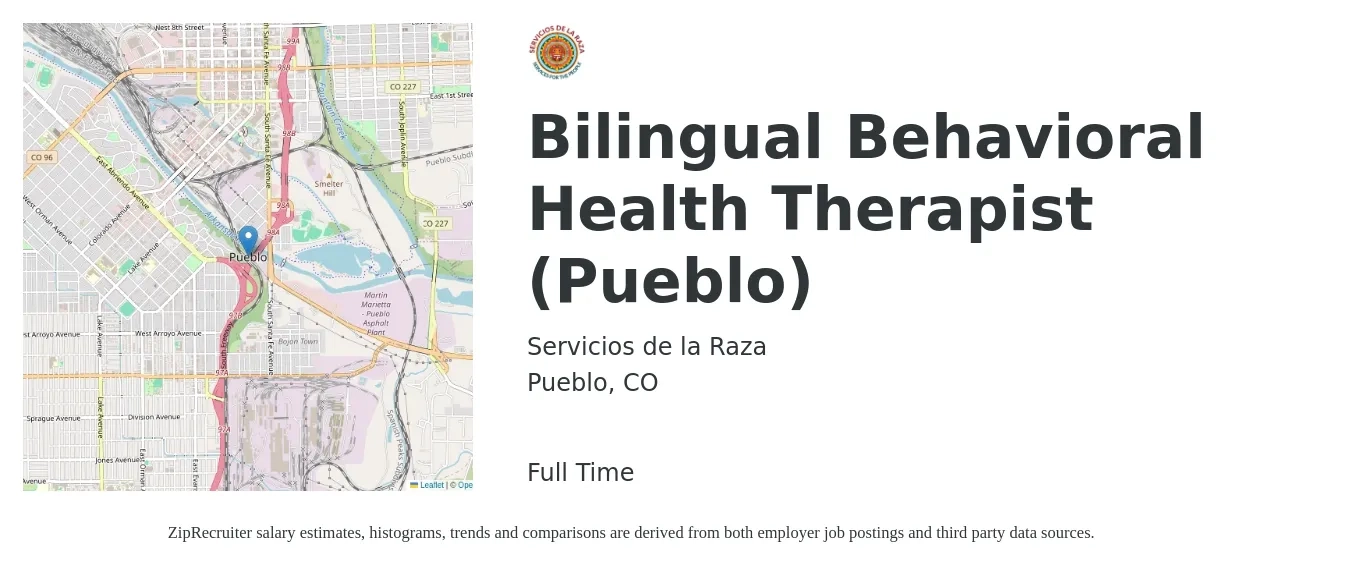 Servicios de la Raza job posting for a Bilingual Behavioral Health Therapist (Pueblo) in Pueblo, CO with a salary of $68,000 to $70,000 Yearly with a map of Pueblo location.