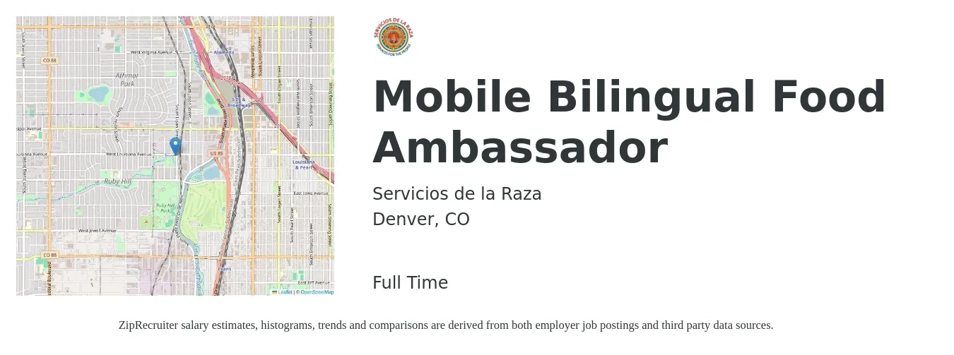 Servicios de la Raza job posting for a Mobile Bilingual Food Ambassador in Denver, CO with a salary of $55,000 to $65,000 Yearly with a map of Denver location.
