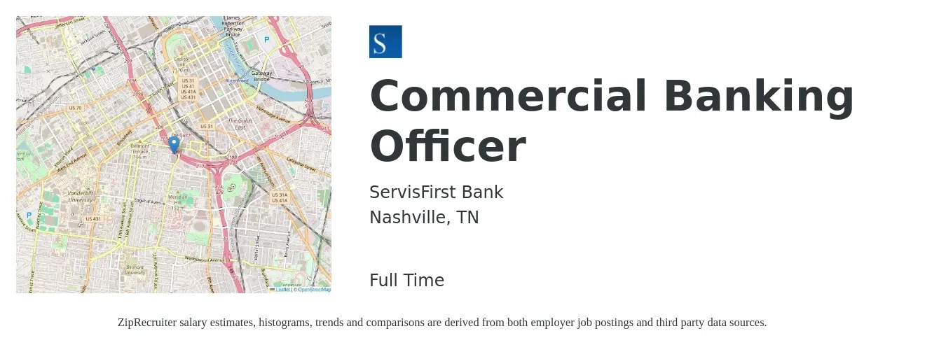 ServisFirst Bank job posting for a Commercial Banking Officer in Nashville, TN with a salary of $77,300 to $112,500 Yearly with a map of Nashville location.