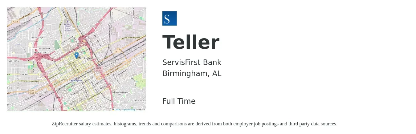 ServisFirst Bank job posting for a Teller in Birmingham, AL with a salary of $14 to $17 Hourly with a map of Birmingham location.