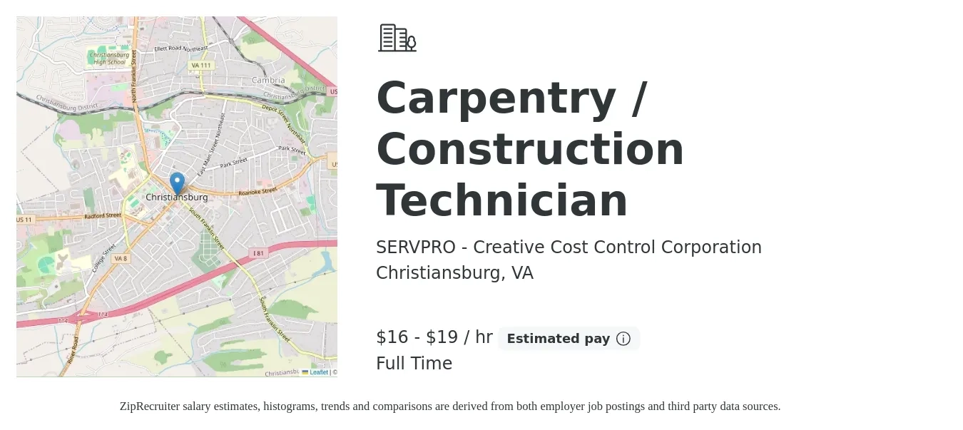 SERVPRO - Creative Cost Control Corporation job posting for a Carpentry / Construction Technician in Christiansburg, VA with a salary of $17 to $20 Hourly with a map of Christiansburg location.