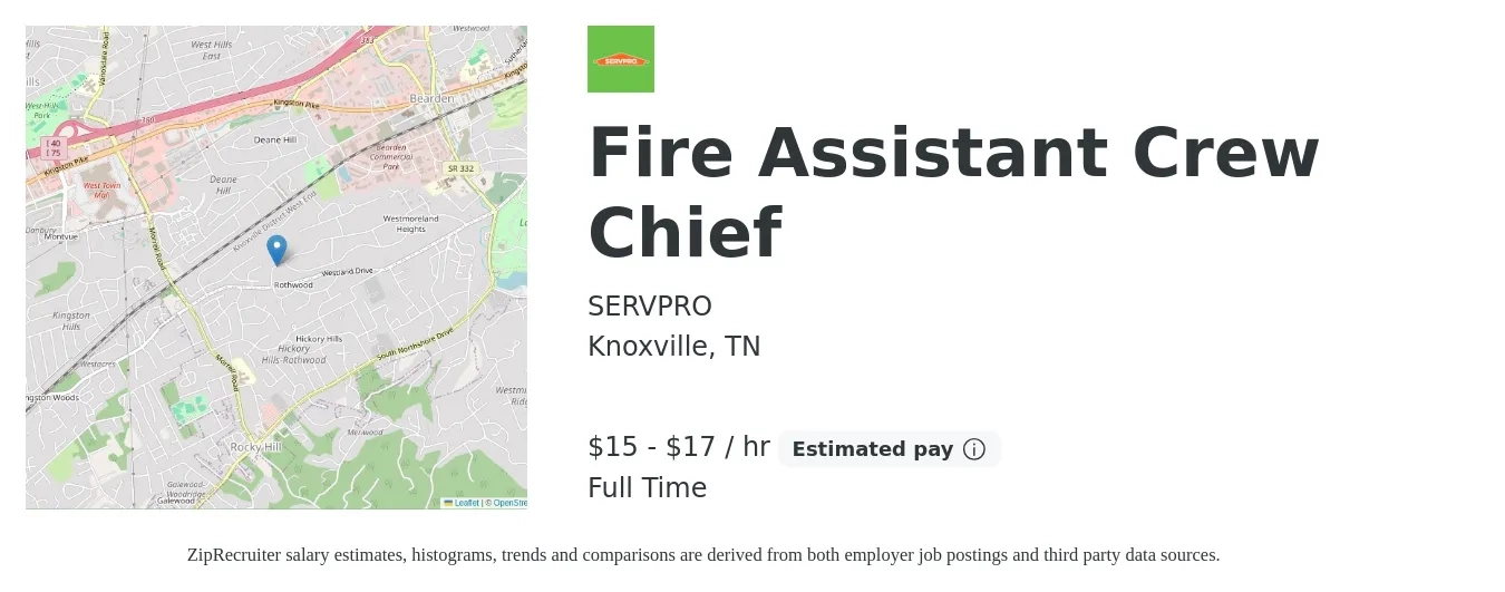 SERVPRO job posting for a Fire Assistant Crew Chief in Knoxville, TN with a salary of $16 to $18 Hourly with a map of Knoxville location.