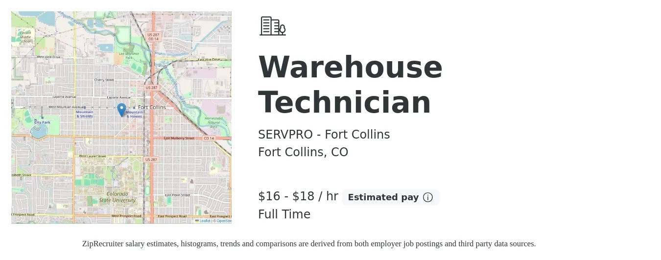 SERVPRO - Fort Collins job posting for a Warehouse Technician in Fort Collins, CO with a salary of $17 to $19 Hourly with a map of Fort Collins location.