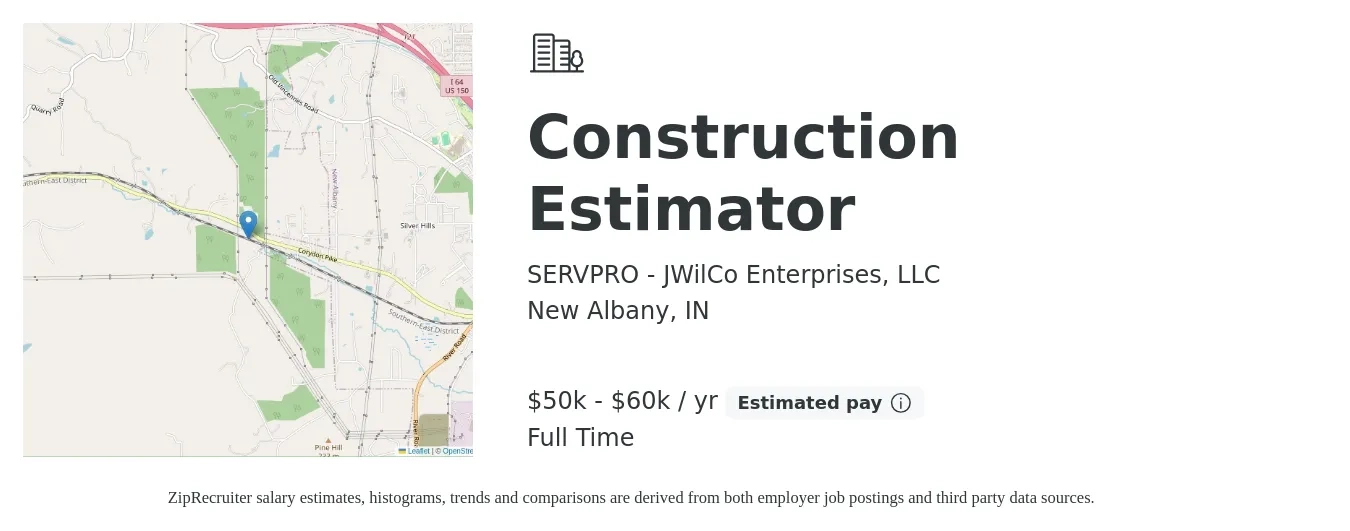 SERVPRO - JWilCo Enterprises, LLC job posting for a Construction Estimator in New Albany, IN with a salary of $50,000 to $60,000 Yearly with a map of New Albany location.