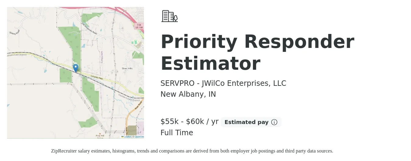 SERVPRO - JWilCo Enterprises, LLC job posting for a Priority Responder Estimator in New Albany, IN with a salary of $55,000 to $60,000 Yearly with a map of New Albany location.