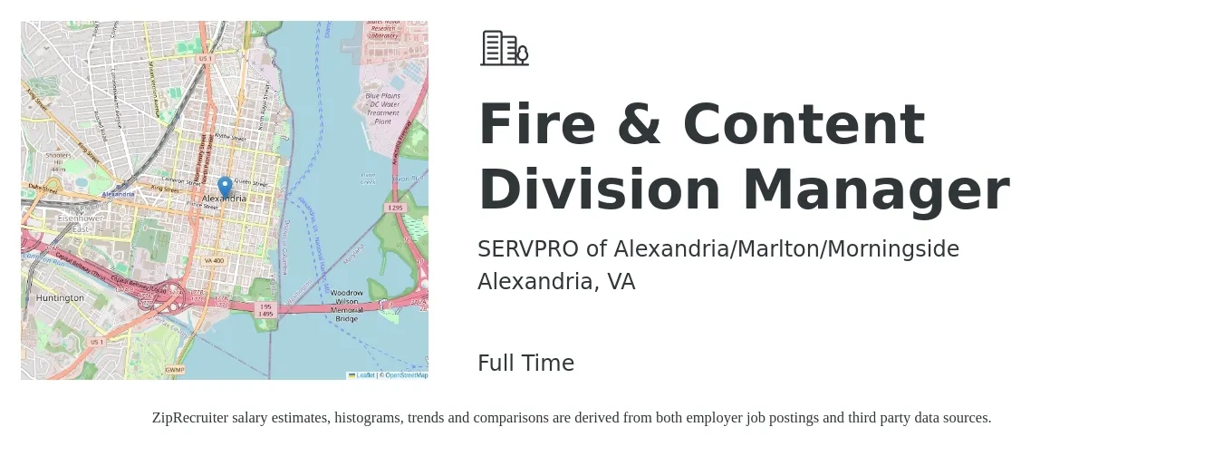 SERVPRO of Alexandria/Marlton/Morningside job posting for a Fire & Content Division Manager in Alexandria, VA with a salary of $29 to $50 Hourly with a map of Alexandria location.