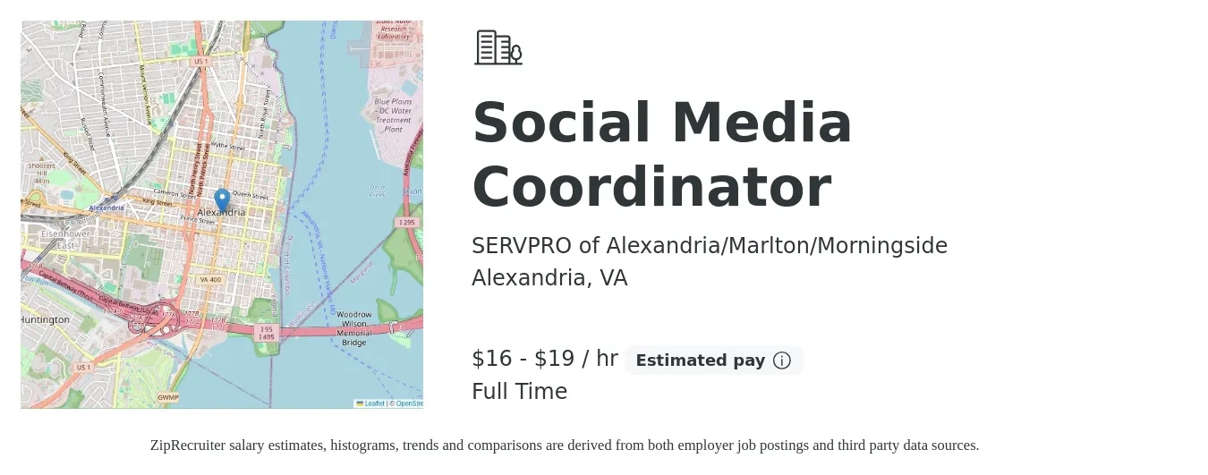 SERVPRO of Alexandria/Marlton/Morningside job posting for a Social Media Coordinator in Alexandria, VA with a salary of $17 to $20 Hourly with a map of Alexandria location.
