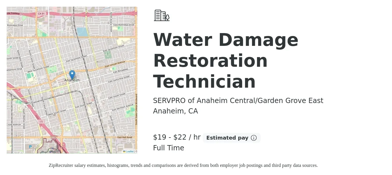 SERVPRO of Anaheim Central/Garden Grove East job posting for a Water Damage Restoration Technician in Anaheim, CA with a salary of $20 to $23 Hourly with a map of Anaheim location.