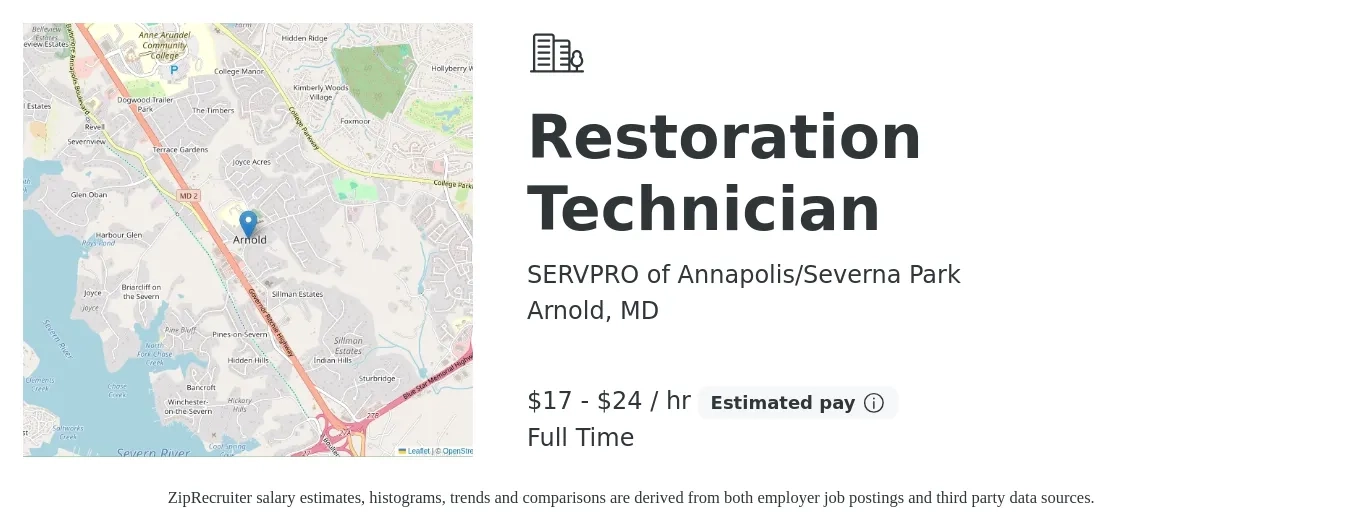 SERVPRO of Annapolis/Severna Park job posting for a Restoration Technician in Arnold, MD with a salary of $18 to $25 Hourly with a map of Arnold location.