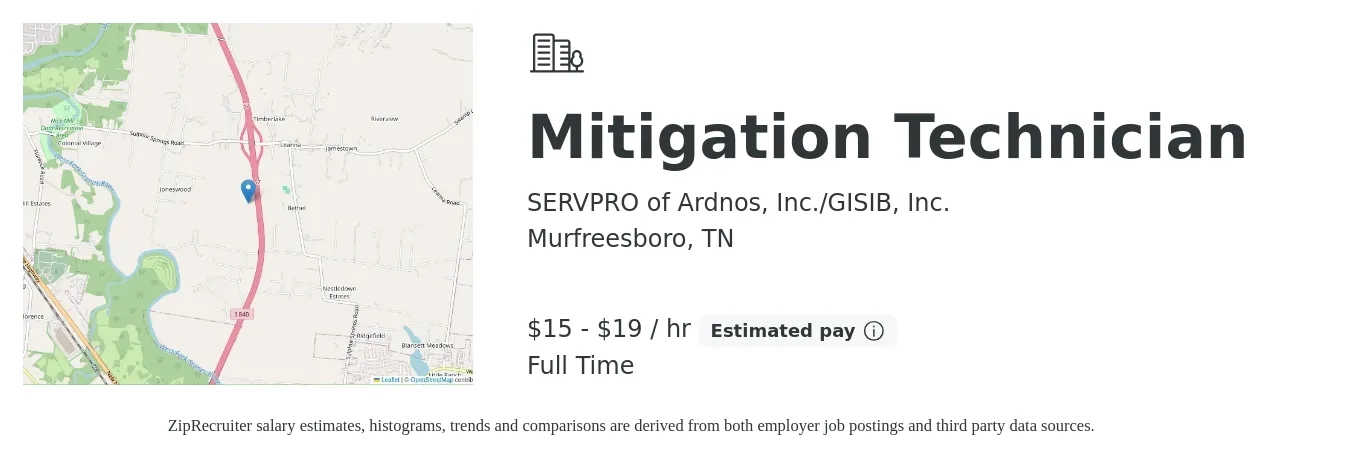 SERVPRO of Ardnos, Inc./GISIB, Inc. job posting for a Mitigation Technician in Murfreesboro, TN with a salary of $16 to $19 Hourly with a map of Murfreesboro location.