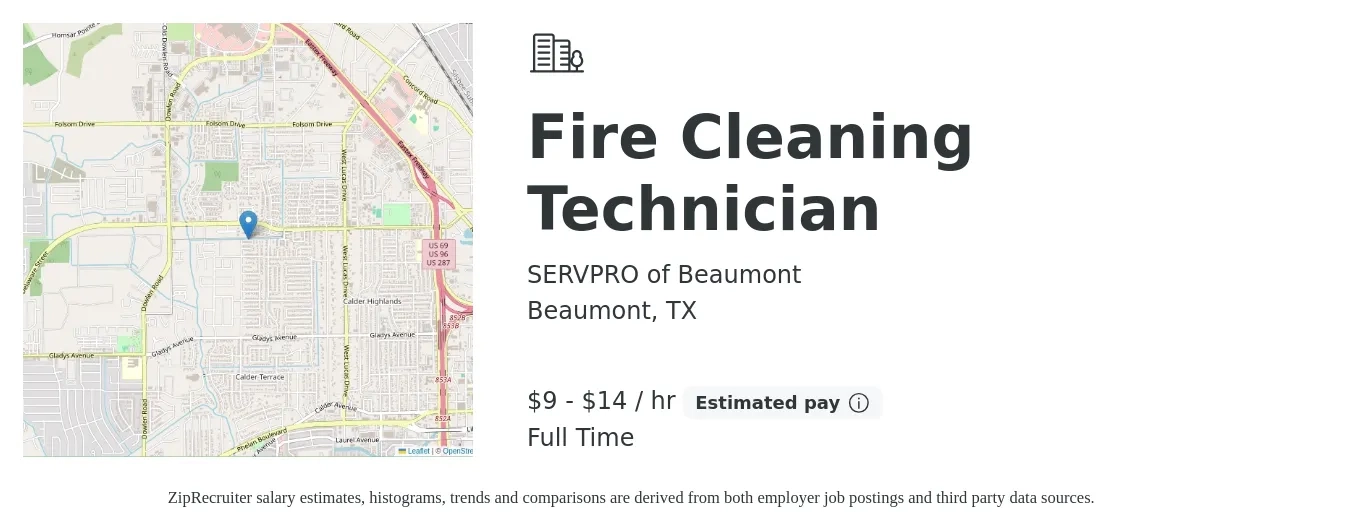 SERVPRO of Beaumont job posting for a Fire Cleaning Technician in Beaumont, TX with a salary of $10 to $15 Hourly with a map of Beaumont location.