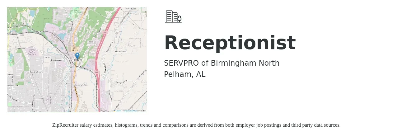 SERVPRO of Birmingham North job posting for a Receptionist in Pelham, AL with a salary of $14 to $19 Hourly with a map of Pelham location.