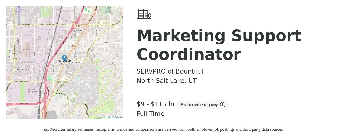 SERVPRO of Bountiful job posting for a Marketing Support Coordinator in North Salt Lake, UT with a salary of $10 to $14 Hourly with a map of North Salt Lake location.