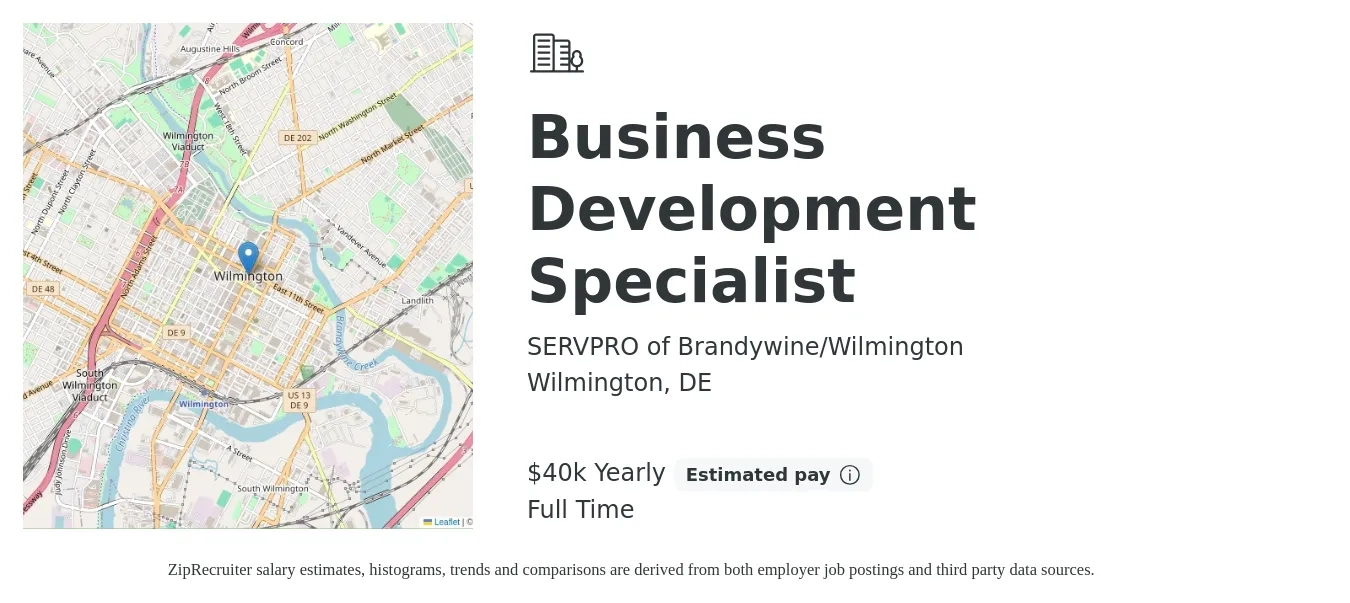 SERVPRO of Brandywine/Wilmington job posting for a Business Development Specialist in Wilmington, DE with a salary of $40,000 Yearly with a map of Wilmington location.