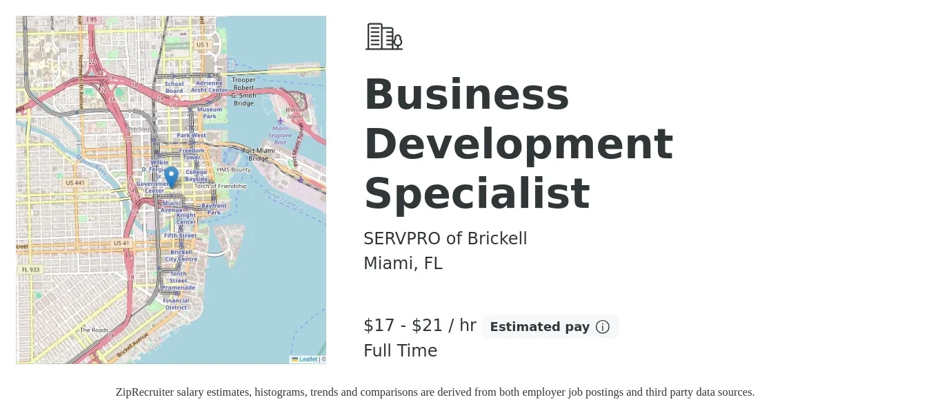 SERVPRO of Brickell job posting for a Business Development Specialist in Miami, FL with a salary of $18 to $22 Hourly with a map of Miami location.