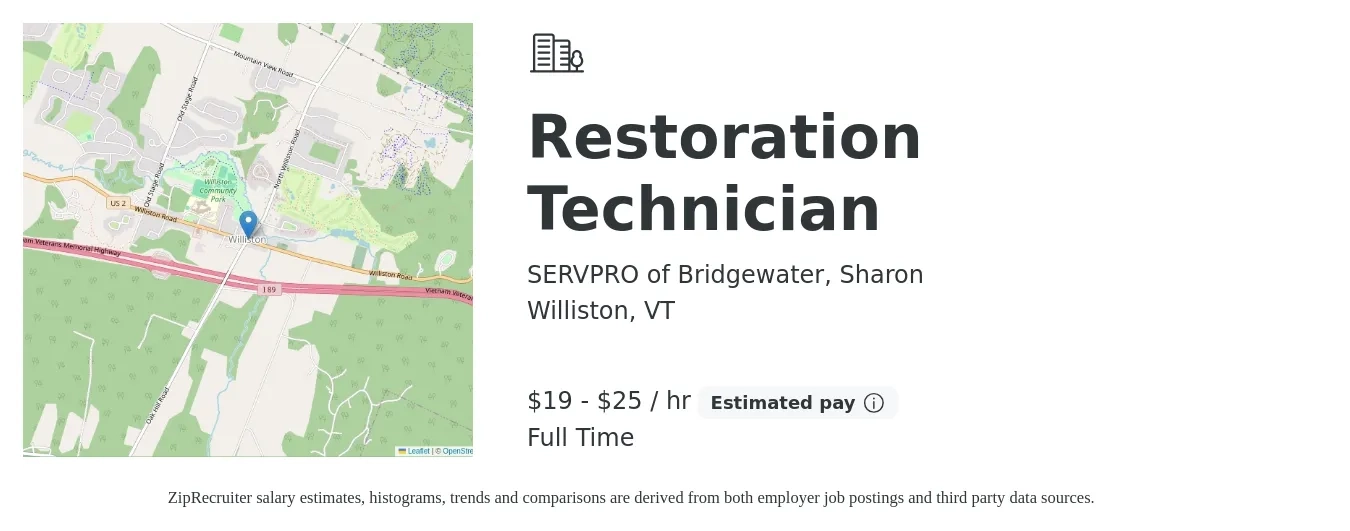 SERVPRO of Bridgewater, Sharon job posting for a Restoration Technician in Williston, VT with a salary of $20 to $27 Hourly with a map of Williston location.