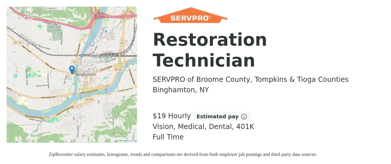 SERVPRO of Broome County, Tompkins & Tioga Counties job posting for a Restoration Technician in Binghamton, NY with a salary of $20 Hourly and benefits including medical, vision, 401k, and dental with a map of Binghamton location.