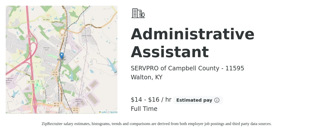 SERVPRO of Campbell County - 11595 job posting for a Administrative Assistant in Walton, KY with a salary of $15 to $17 Hourly with a map of Walton location.