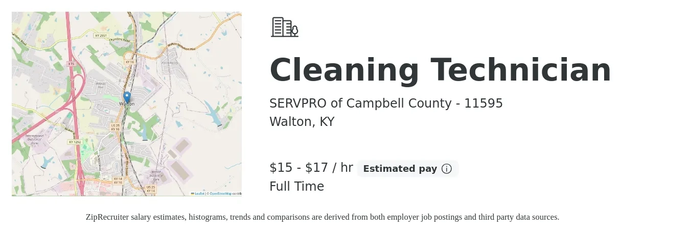 SERVPRO of Campbell County - 11595 job posting for a Cleaning Technician in Walton, KY with a salary of $16 to $18 Hourly with a map of Walton location.