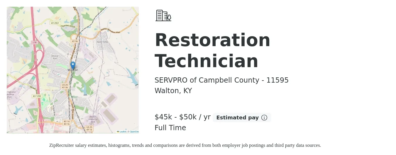 SERVPRO of Campbell County - 11595 job posting for a Restoration Technician in Walton, KY with a salary of $45,000 to $50,000 Yearly with a map of Walton location.