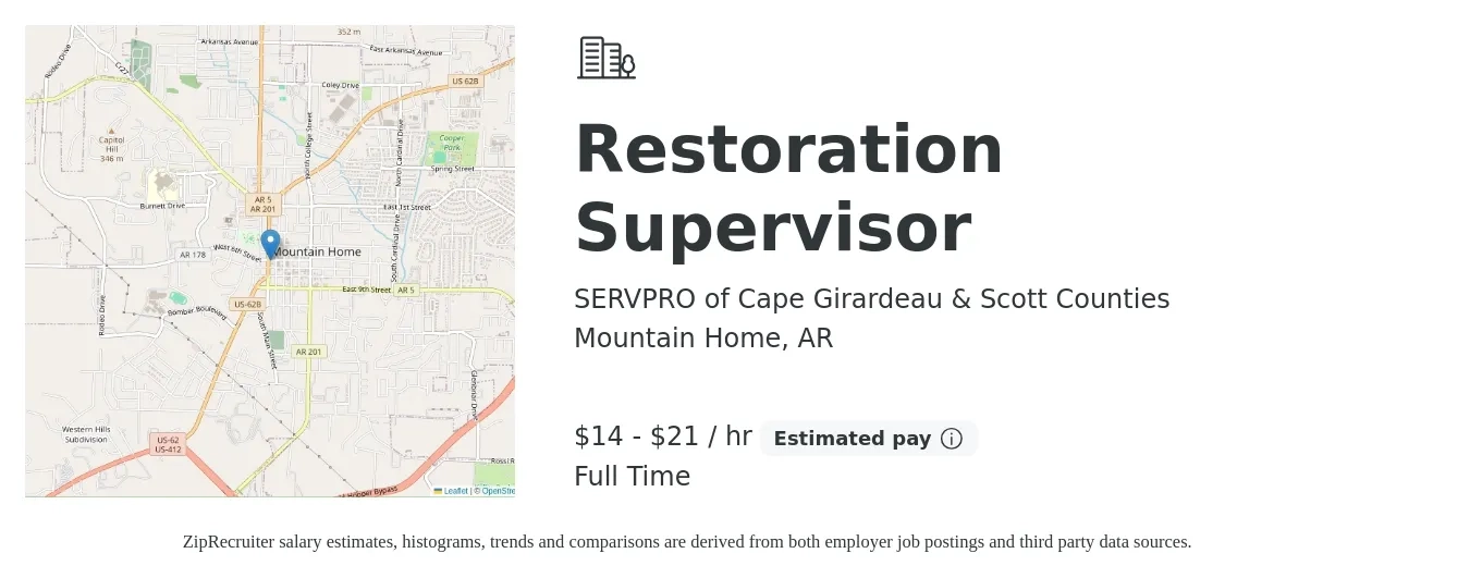 SERVPRO of Cape Girardeau & Scott Counties job posting for a Restoration Supervisor in Mountain Home, AR with a salary of $15 to $22 Hourly with a map of Mountain Home location.