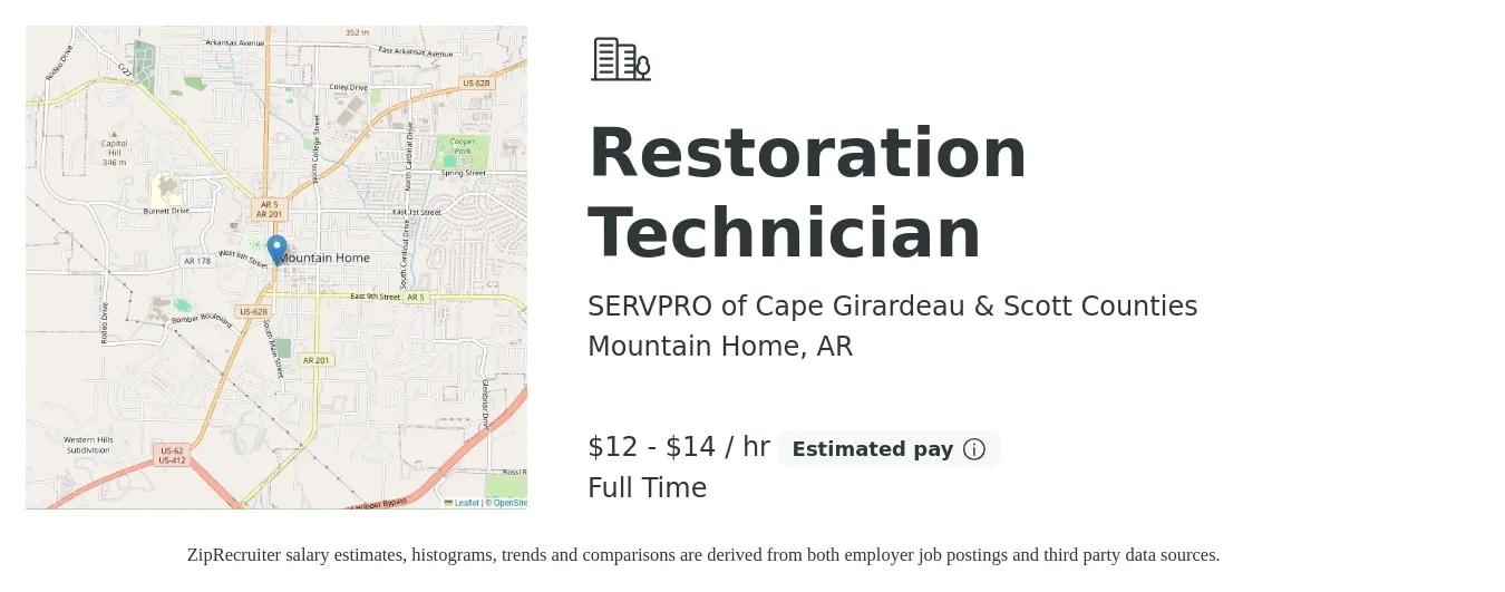 SERVPRO of Cape Girardeau & Scott Counties job posting for a Restoration Technician in Mountain Home, AR with a salary of $13 to $15 Hourly with a map of Mountain Home location.