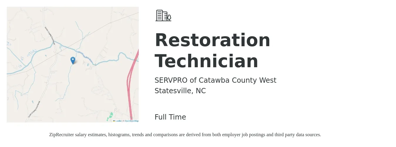 SERVPRO of Catawba County West job posting for a Restoration Technician in Statesville, NC with a salary of $16 to $18 Daily with a map of Statesville location.