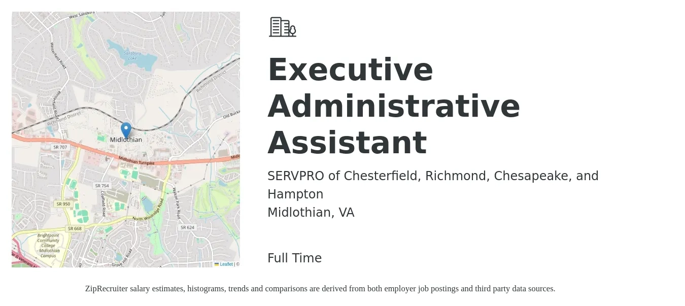 SERVPRO of Chesterfield, Richmond, Chesapeake, and Hampton job posting for a Executive Administrative Assistant in Midlothian, VA with a salary of $21 to $34 Hourly with a map of Midlothian location.