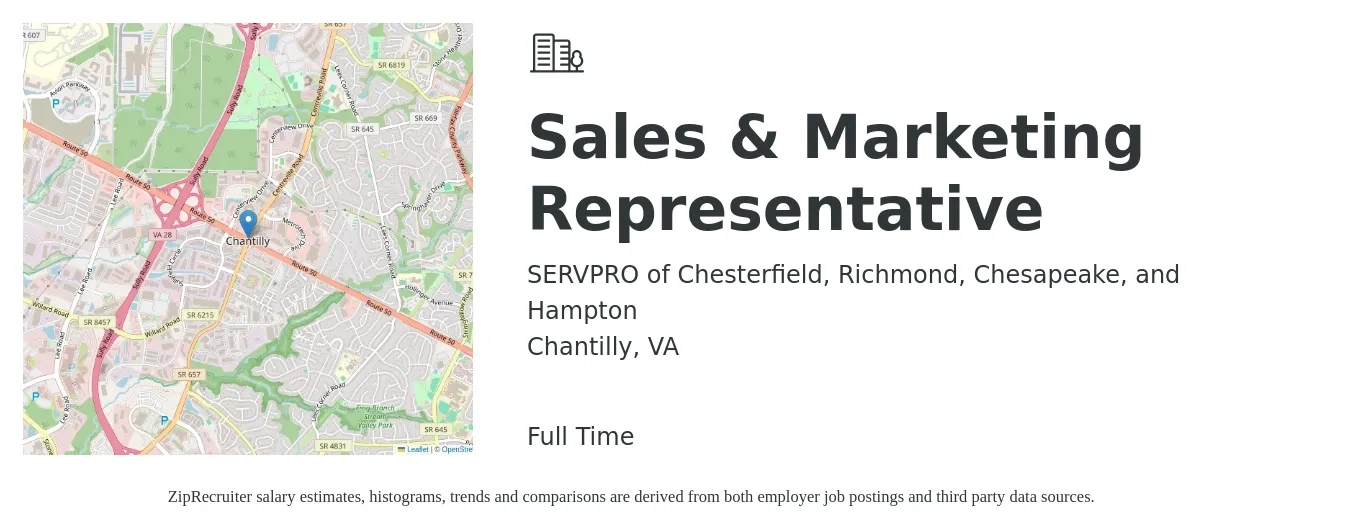 SERVPRO of Chesterfield, Richmond, Chesapeake, and Hampton job posting for a Sales & Marketing Representative in Chantilly, VA with a salary of $40,100 to $53,700 Yearly with a map of Chantilly location.