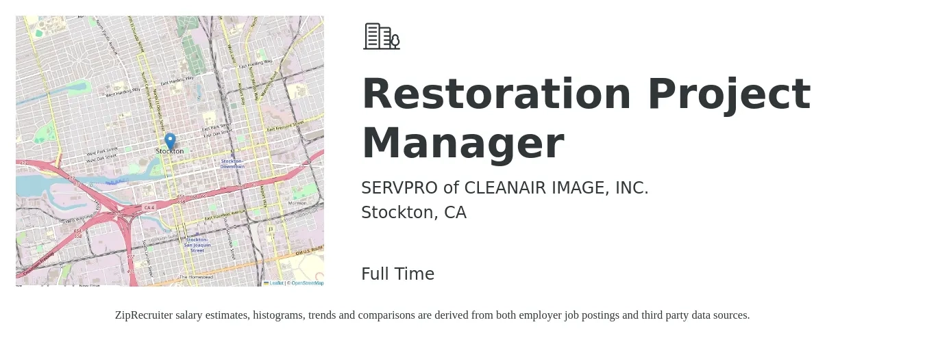 SERVPRO of CLEANAIR IMAGE, INC. job posting for a Restoration Project Manager in Stockton, CA with a salary of $50,600 to $76,100 Yearly with a map of Stockton location.