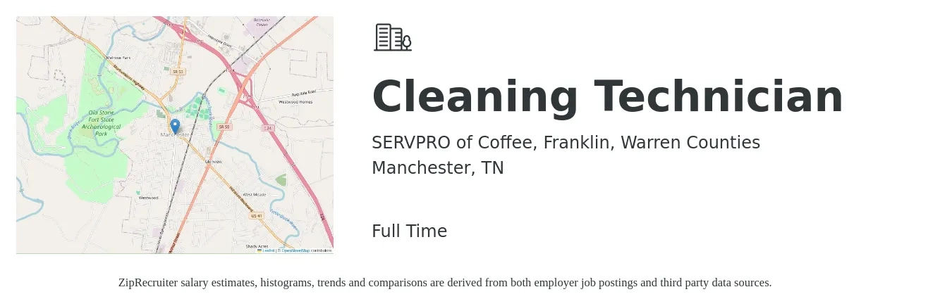 SERVPRO of Coffee, Franklin, Warren Counties job posting for a Cleaning Technician in Manchester, TN with a salary of $17 Hourly with a map of Manchester location.