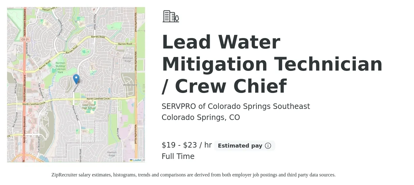 SERVPRO of Colorado Springs Southeast job posting for a Lead Water Mitigation Technician / Crew Chief in Colorado Springs, CO with a salary of $20 to $24 Hourly with a map of Colorado Springs location.