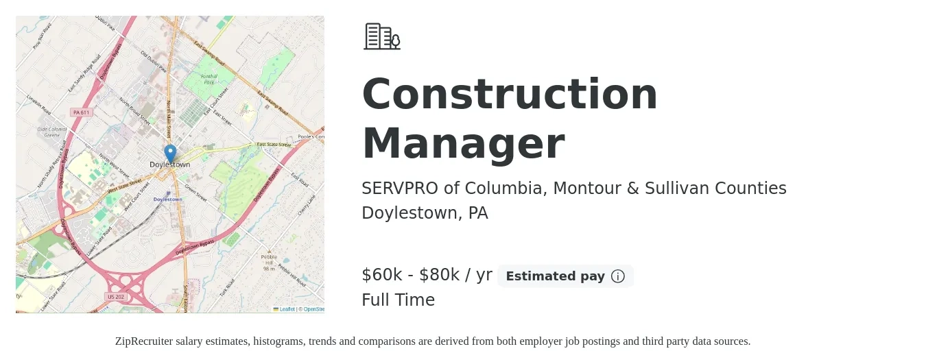 SERVPRO of Columbia, Montour & Sullivan Counties job posting for a Construction Manager in Doylestown, PA with a salary of $60,000 to $80,000 Yearly with a map of Doylestown location.