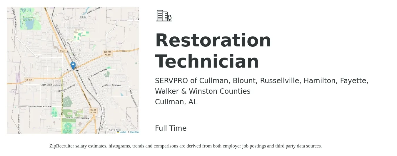 SERVPRO of Cullman, Blount, Russellville, Hamilton, Fayette, Walker & Winston Counties job posting for a Restoration Technician in Cullman, AL with a salary of $15 to $18 Hourly with a map of Cullman location.