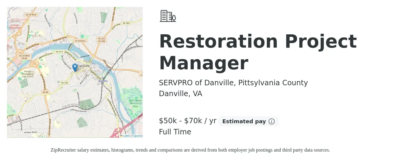 SERVPRO of Danville, Pittsylvania County job posting for a Restoration Project Manager in Danville, VA with a salary of $50,000 to $70,000 Yearly with a map of Danville location.